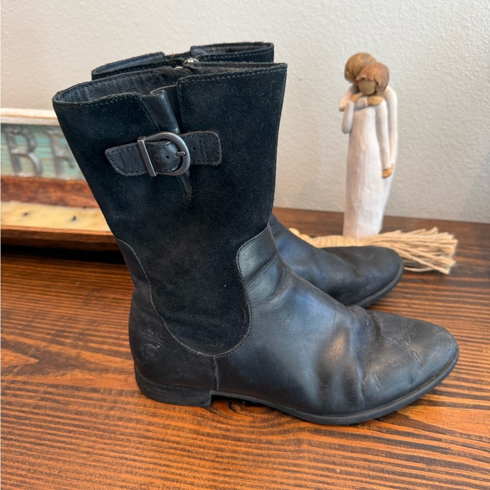 Black Leather Suede Buckle Biker Boots Born Børn Moto Riding 8M Festival Goth